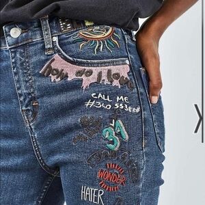 Topshop Moto Jamie Scribble Skinny Jeans 32" W Grafitti Embroidered Denim